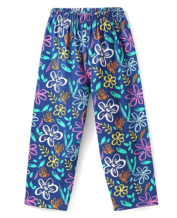 Babyhug Cotton Knit Frill Sleeves Night Suit with Floral Print - Navy Blue