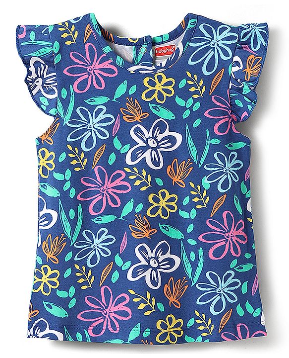 Babyhug Cotton Knit Frill Sleeves Night Suit with Floral Print - Navy Blue