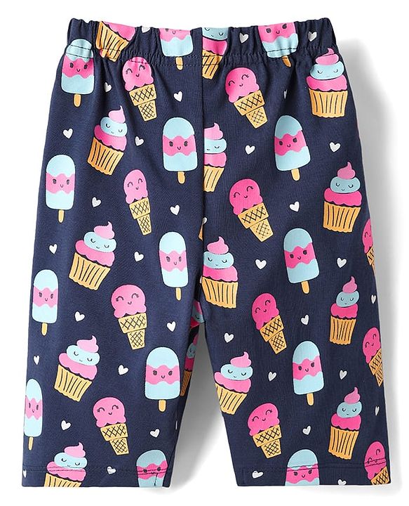 Babyhug Cotton Knit Half Sleeves Capri Night Suit With Ice Cream Print - Navy Blue