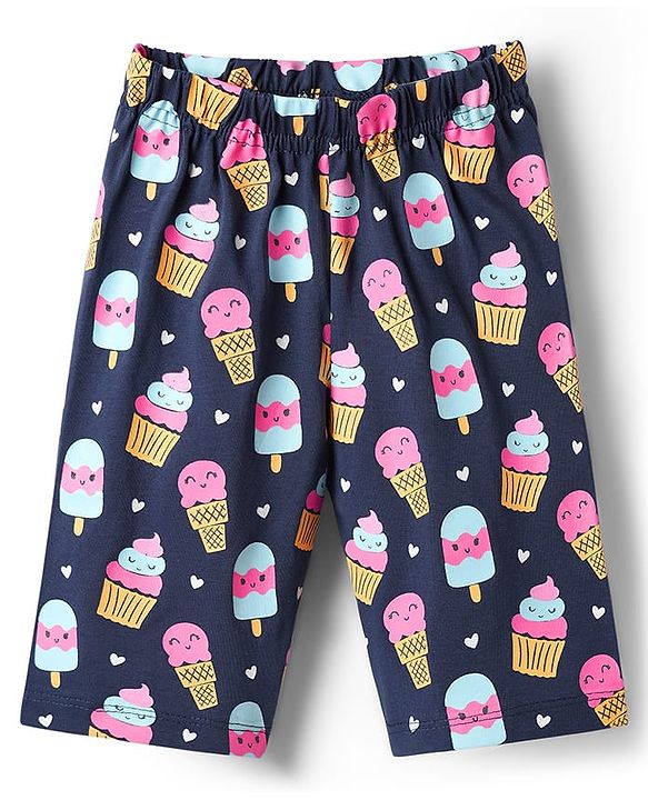 Babyhug Cotton Knit Half Sleeves Capri Night Suit With Ice Cream Print - Navy Blue