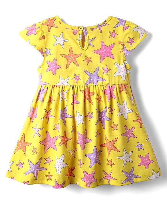 Babyhug Single Jersey Knit Cap Sleeves Printed Frock With Bloomers - Yellow