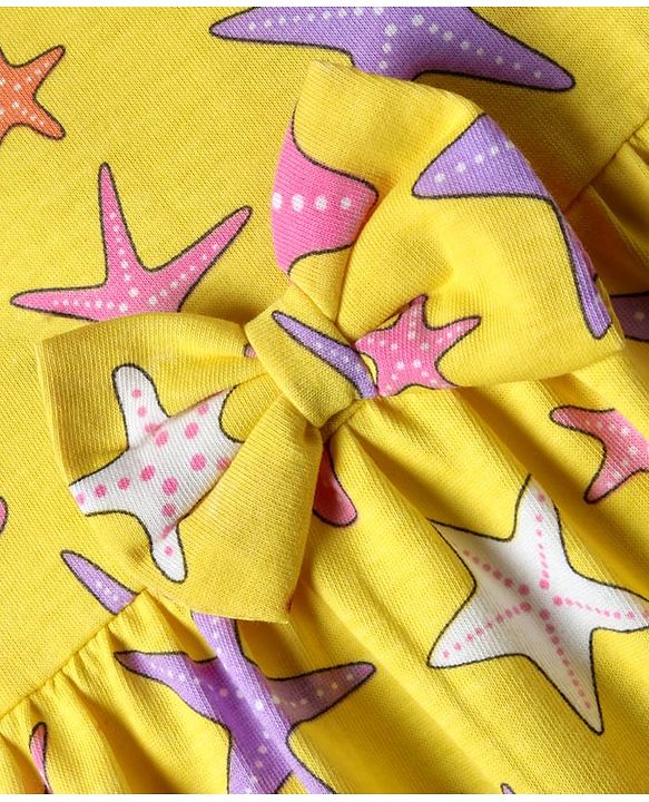 Babyhug Single Jersey Knit Cap Sleeves Printed Frock With Bloomers - Yellow