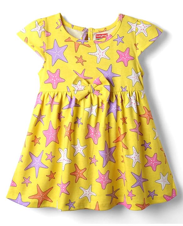 Babyhug Single Jersey Knit Cap Sleeves Printed Frock With Bloomers - Yellow