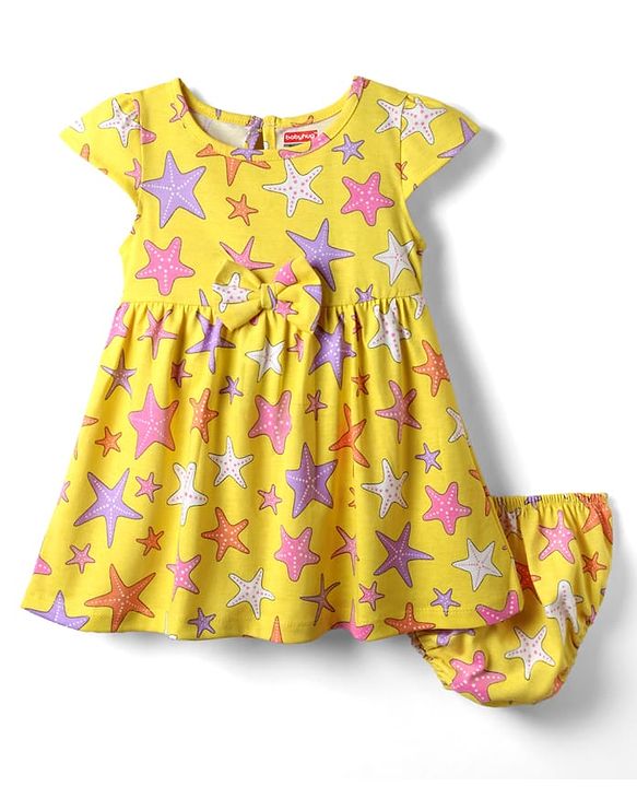 Babyhug Single Jersey Knit Cap Sleeves Printed Frock With Bloomers - Yellow