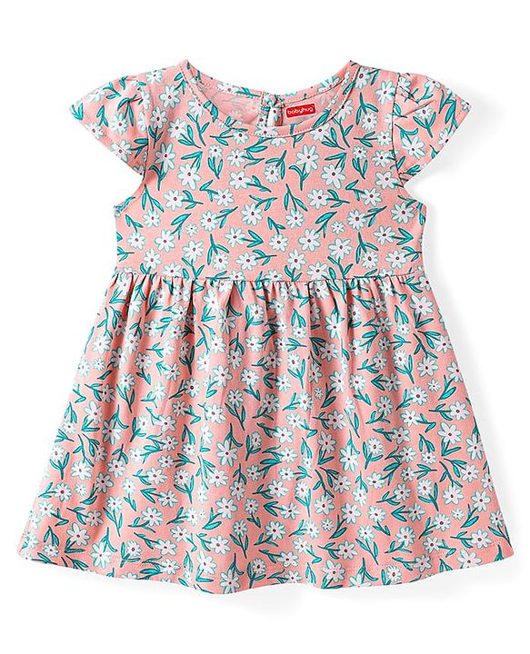Babyhug Single Jersey Knit Cap Sleeves Floral Printed Dresses Pack of 2 - Aqua Blue & Peach
