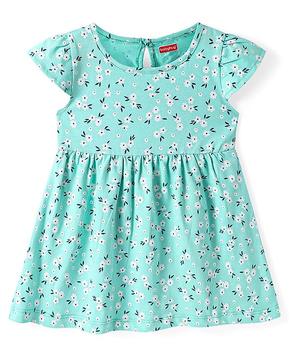 Babyhug Single Jersey Knit Cap Sleeves Floral Printed Dresses Pack of 2 - Aqua Blue & Peach