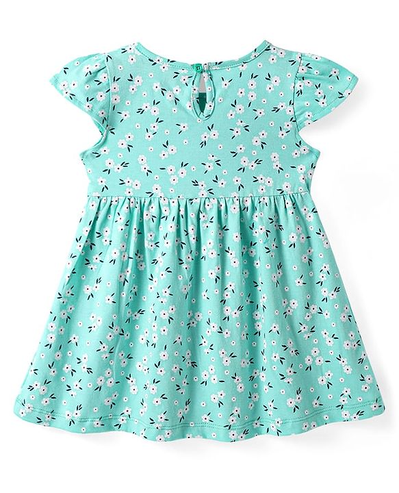Babyhug Single Jersey Knit Cap Sleeves Floral Printed Dresses Pack of 2 - Aqua Blue & Peach