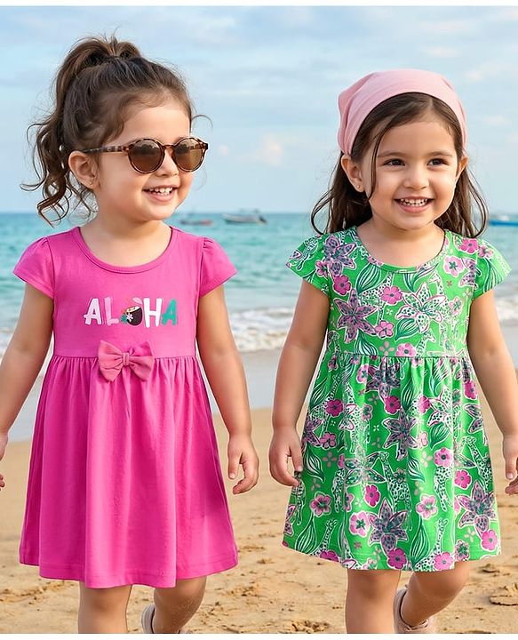 Babyhug Single Jersey Knit Half Cap Sleeves Anti Bacterial Floral Printed Frock with Bow Applique Pack of 2 - Dark Pink & Green