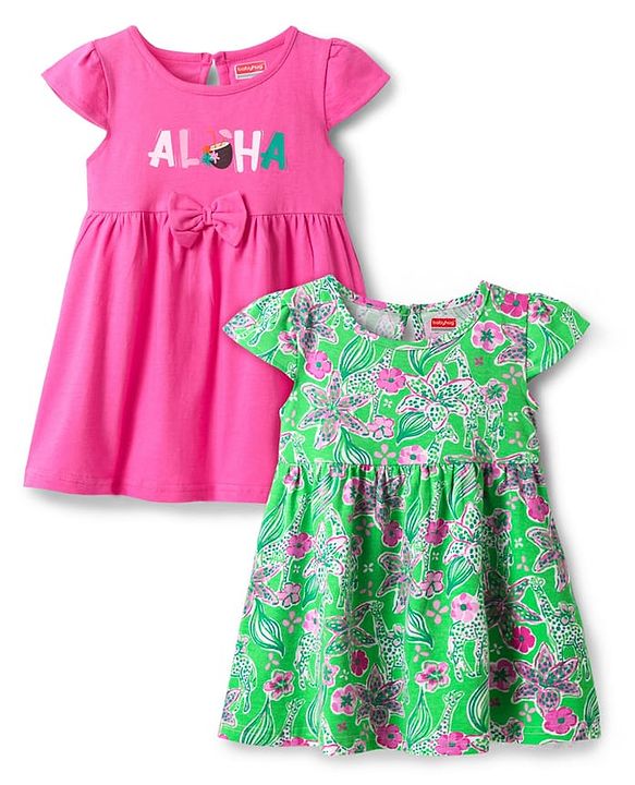 Babyhug Single Jersey Knit Half Cap Sleeves Anti Bacterial Floral Printed Frock with Bow Applique Pack of 2 - Dark Pink & Green