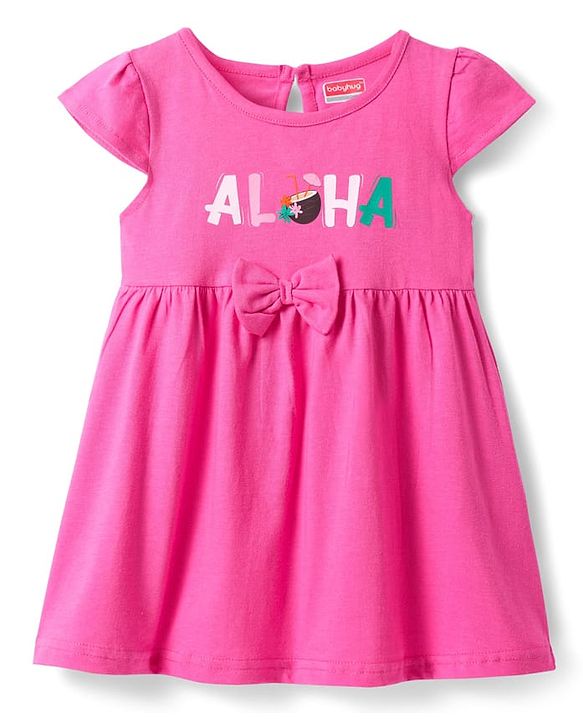 Babyhug Single Jersey Knit Half Cap Sleeves Anti Bacterial Floral Printed Frock with Bow Applique Pack of 2 - Dark Pink & Green