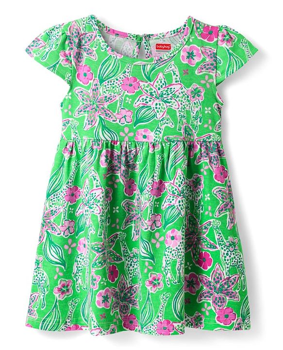 Babyhug Single Jersey Knit Half Cap Sleeves Anti Bacterial Floral Printed Frock with Bow Applique Pack of 2 - Dark Pink & Green