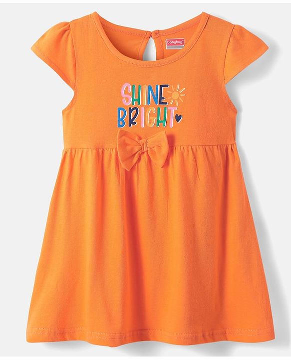 Babyhug Single Jersey Knit Cap Sleeves Text & Floral Printed Frocks with Bow Applique Pack of 2 - White & Orange