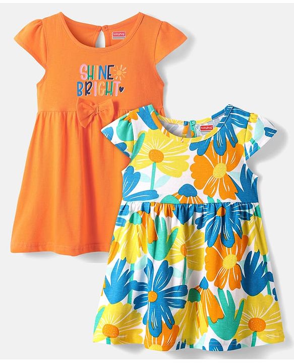 Babyhug Single Jersey Knit Cap Sleeves Text & Floral Printed Frocks with Bow Applique Pack of 2 - White & Orange