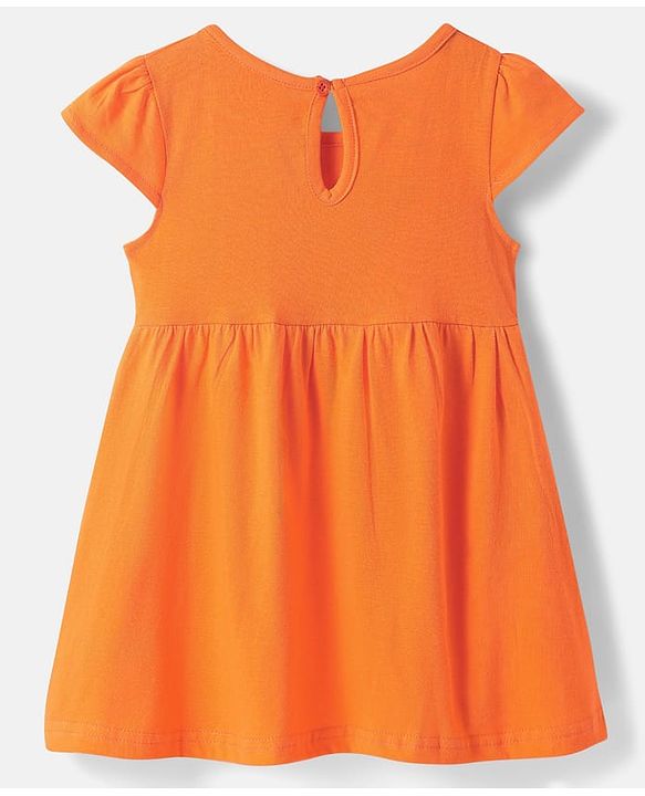 Babyhug Single Jersey Knit Cap Sleeves Text & Floral Printed Frocks with Bow Applique Pack of 2 - White & Orange