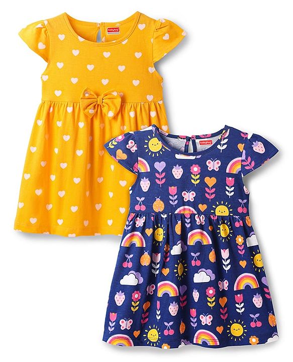Babyhug Single Jersey Knit Half Sleeves Frocks with Floral & Heart Print & Bow Applique Pack Of 2 - Navy Blue & Yellow