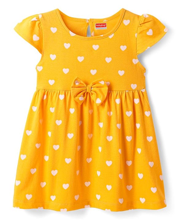 Babyhug Single Jersey Knit Half Sleeves Frocks with Floral & Heart Print & Bow Applique Pack Of 2 - Navy Blue & Yellow
