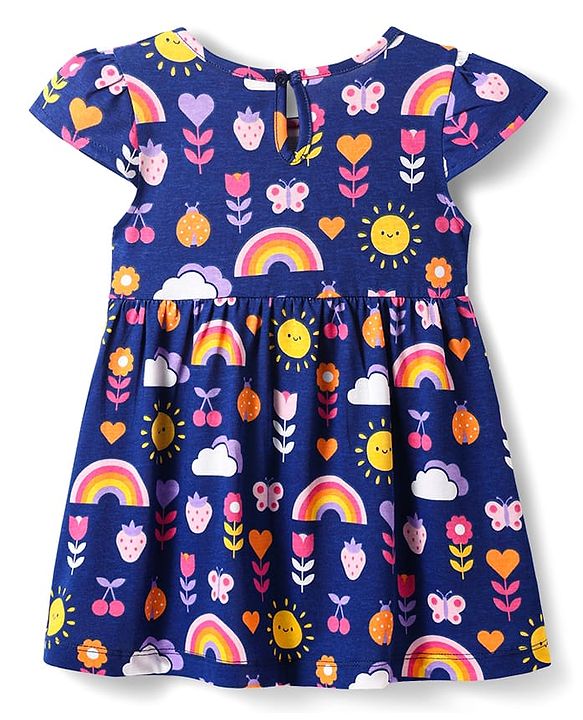 Babyhug Single Jersey Knit Half Sleeves Frocks with Floral & Heart Print & Bow Applique Pack Of 2 - Navy Blue & Yellow