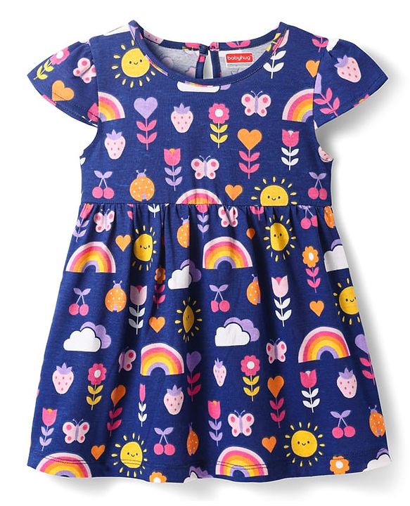 Babyhug Single Jersey Knit Half Sleeves Frocks with Floral & Heart Print & Bow Applique Pack Of 2 - Navy Blue & Yellow