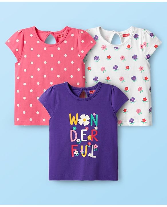 Babyhug Cotton Knit Half Sleeves T-Shirts With Tropical Print  Pack Of 3 -Purple &  Pink