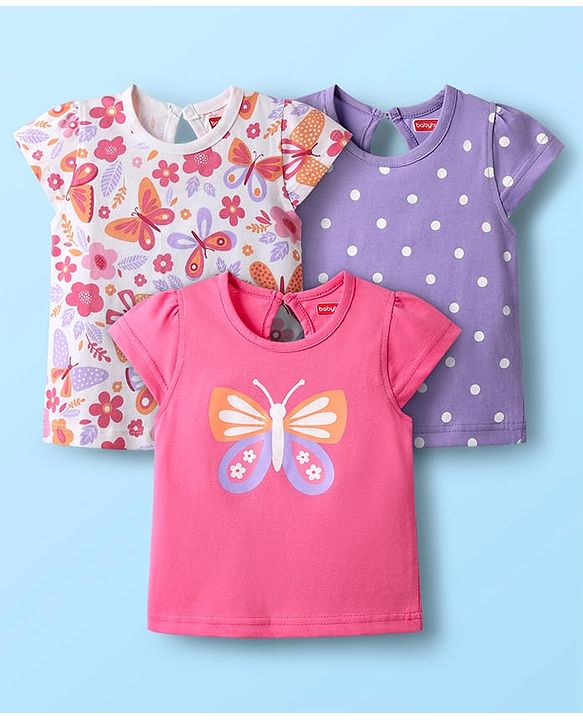 Babyhug Cotton Knit Half Sleeves T-Shirts with Butterfly & Polka Dots Print Pack of 3 - Pink Lavender & White