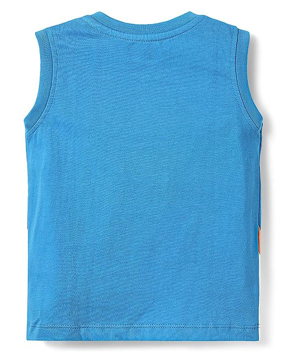 Babyhug Single Jersey Knit Sleeveless Cut & Sew T-Shirt & Shorts Set with Text Print & Tape Detailing - Blue & Orange