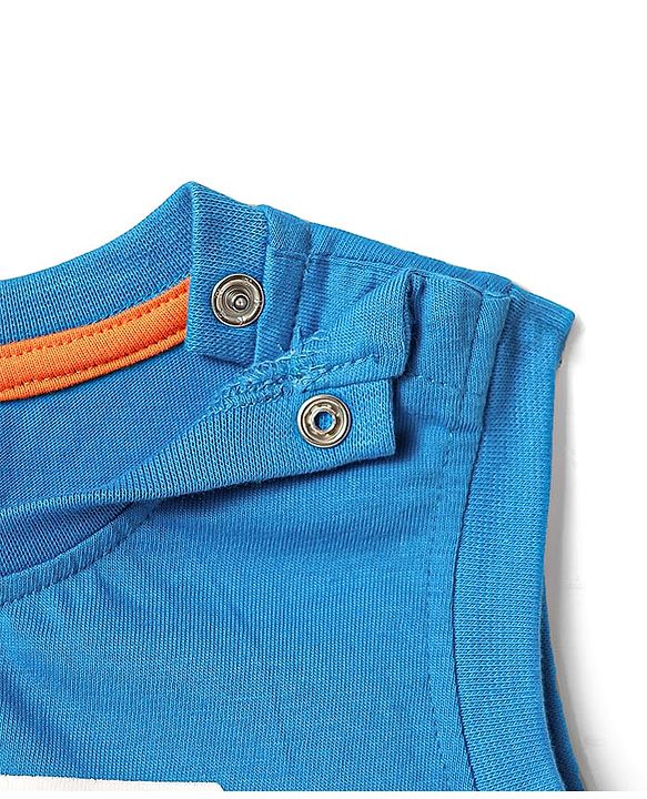 Babyhug Single Jersey Knit Sleeveless Cut & Sew T-Shirt & Shorts Set with Text Print & Tape Detailing - Blue & Orange