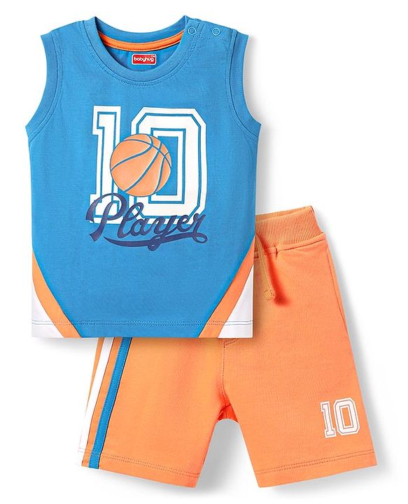 Babyhug Single Jersey Knit Sleeveless Cut & Sew T-Shirt & Shorts Set with Text Print & Tape Detailing - Blue & Orange