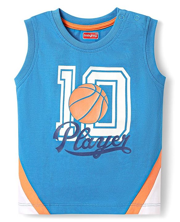 Babyhug Single Jersey Knit Sleeveless Cut & Sew T-Shirt & Shorts Set with Text Print & Tape Detailing - Blue & Orange