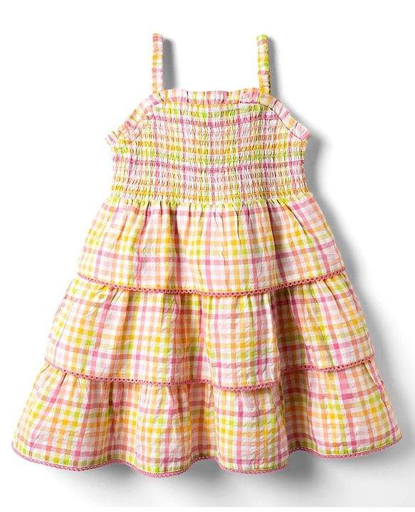 Babyhug Rayon Woven Sleeveless Layered Frock with Smocking Detailing & Stripes - Multicolour