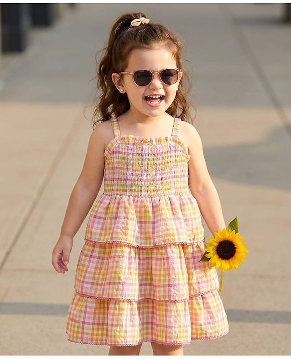 Babyhug Rayon Woven Sleeveless Layered Frock with Smocking Detailing & Stripes - Multicolour