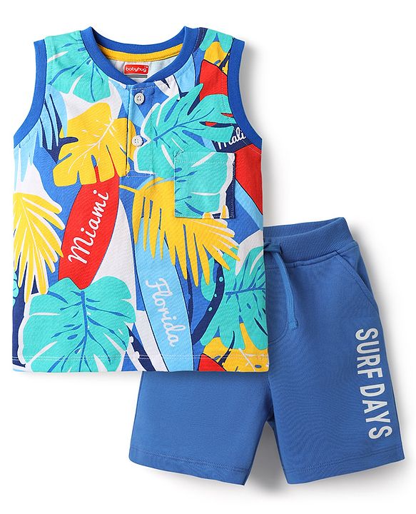Babyhug Single Jersey Knit Sleeveless T-Shirt & Shorts with Leaf Print - Blue