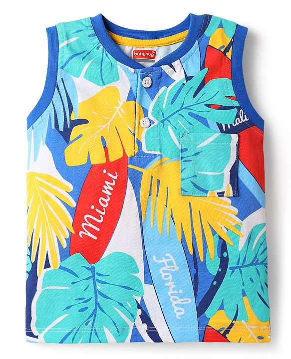 Babyhug Single Jersey Knit Sleeveless T-Shirt & Shorts with Leaf Print - Blue