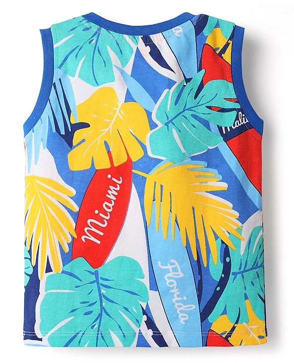 Babyhug Single Jersey Knit Sleeveless T-Shirt & Shorts with Leaf Print - Blue