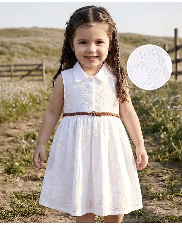 Babyhug Rayon Woven Sleeveless Front Open Collared Dress With Schiffli Detailing - White