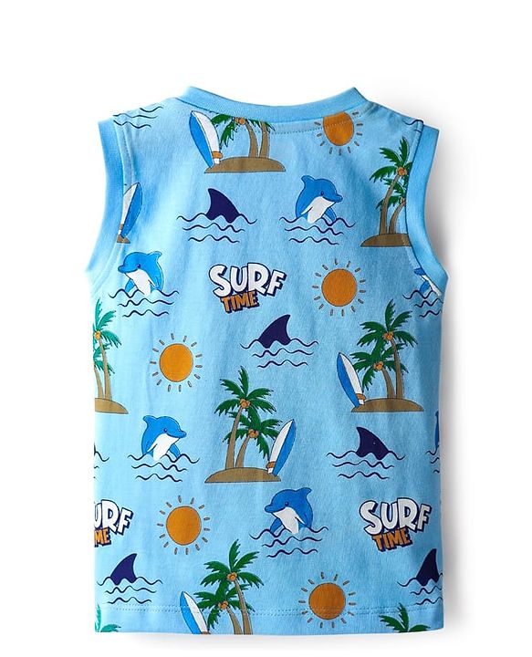 Babyhug Single Jersey Knit Sleeveless Tank T-Shirt & Shorts Set with Beach Theme Print - Light & Navy Blue
