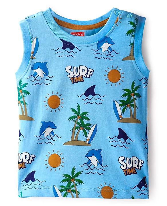 Babyhug Single Jersey Knit Sleeveless Tank T-Shirt & Shorts Set with Beach Theme Print - Light & Navy Blue