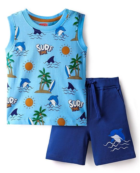 Babyhug Single Jersey Knit Sleeveless Tank T-Shirt & Shorts Set with Beach Theme Print - Light & Navy Blue