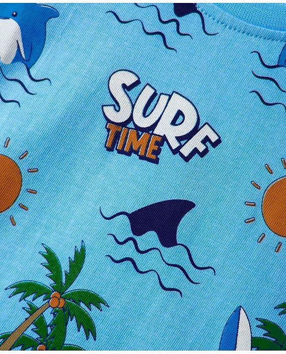 Babyhug Single Jersey Knit Sleeveless Tank T-Shirt & Shorts Set with Beach Theme Print - Light & Navy Blue