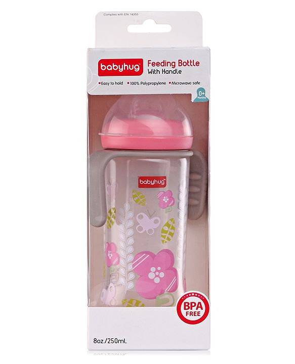 Babyhug Polypropylene Anti-Colic Sterilizable Feeding Bottle With Handle Pink - 250 ml