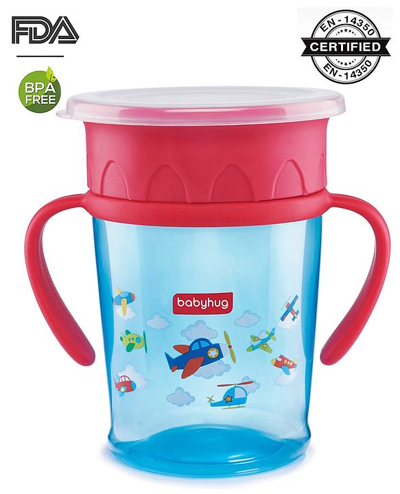 Babyhug 360° Spill-Proof Training Sipper Cup with All-Round Drinking Edge, Blue & Red  360 ml | Spill Resistant | BPA Free | Soft Silicone | Dual Handle |EN Certified