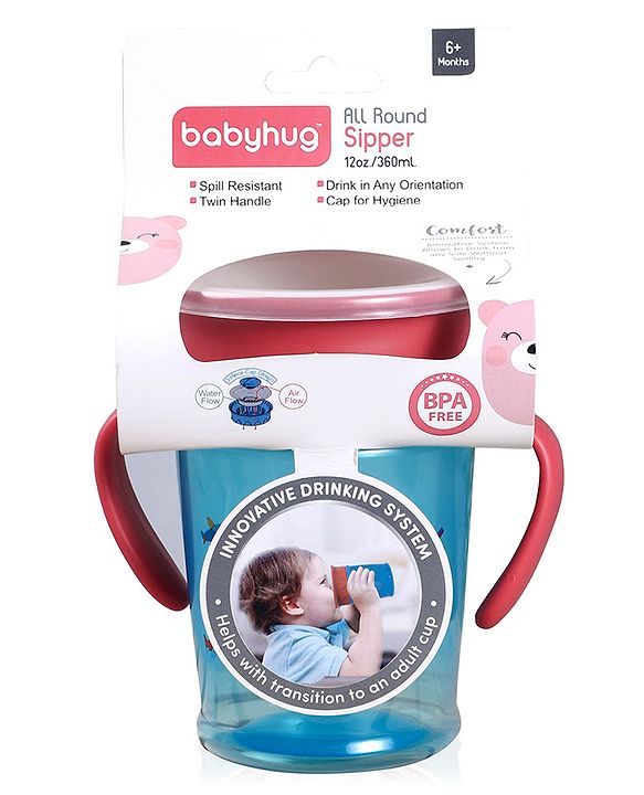 Babyhug 360° Spill-Proof Training Sipper Cup with All-Round Drinking Edge, Blue & Red  360 ml | Spill Resistant | BPA Free | Soft Silicone | Dual Handle |EN Certified