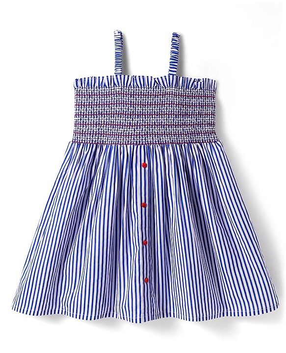 Babyhug Rayon Woven Sleeveless Striped Dress With Smocked Yoke - Blue