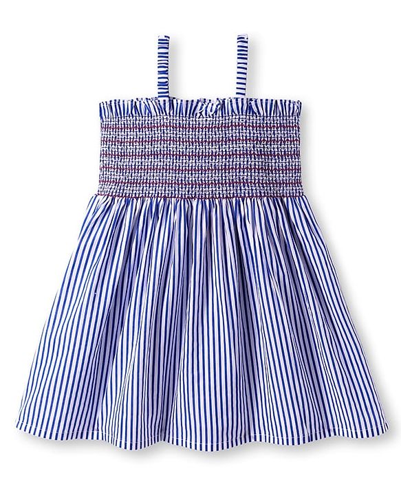 Babyhug Rayon Woven Sleeveless Striped Dress With Smocked Yoke - Blue