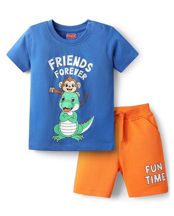 Babyhug Single Jersey Knit Half Sleeves T-Shirt & Shorts Set with Animal & Friends Forever Text Print - Orange & Blue