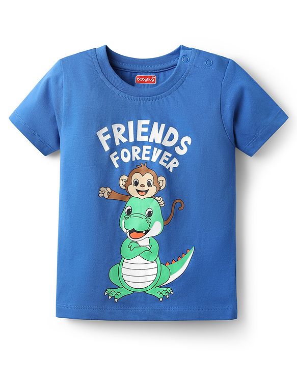 Babyhug Single Jersey Knit Half Sleeves T-Shirt & Shorts Set with Animal & Friends Forever Text Print - Orange & Blue