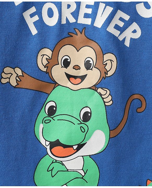 Babyhug Single Jersey Knit Half Sleeves T-Shirt & Shorts Set with Animal & Friends Forever Text Print - Orange & Blue