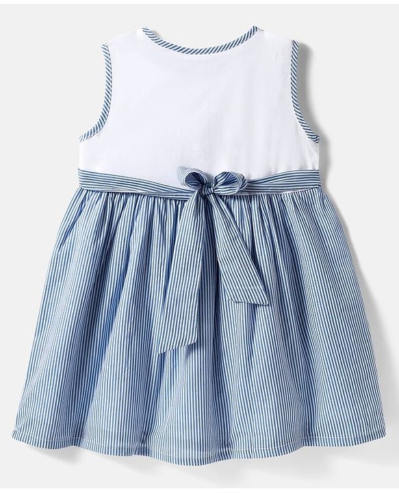 Babyhug Rayon Woven Sleeveless Striped Frock with Headband & Bow Applique - Light Blue