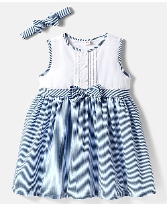 Babyhug Rayon Woven Sleeveless Striped Frock with Headband & Bow Applique - Light Blue