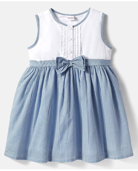 Babyhug Rayon Woven Sleeveless Striped Frock with Headband & Bow Applique - Light Blue