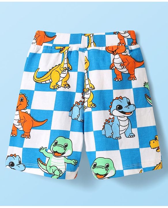 Babyhug Single Jersey Knit Sleeveless Tank T-Shirt & Shorts Co-Ord Set With Dino Print - Blue & White